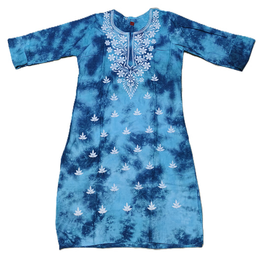 Women’s Blue Tie-Dye Cotton Kurta Set with White Embroidery – Stylish Ethnic Wear