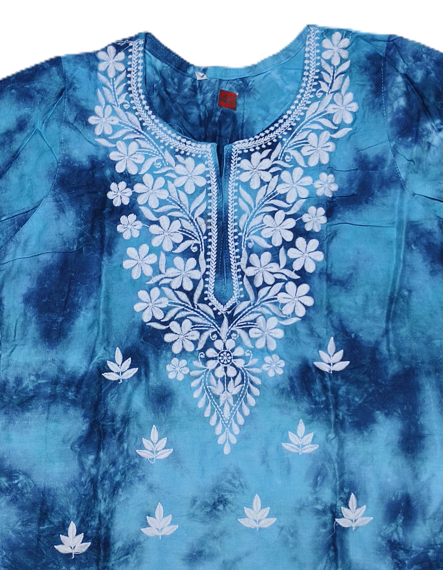 Women’s Blue Tie-Dye Cotton Kurta Set with White Embroidery – Stylish Ethnic Wear