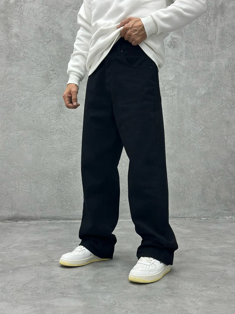 Men's Classic Pure Black Baggy Fit Denim Jeans | Streetwear Style