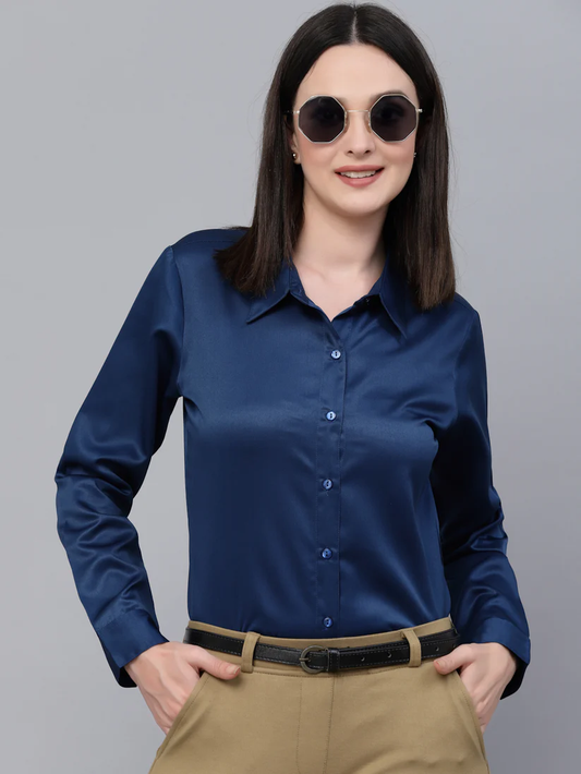 Women Solid Petrol Satin Formal Shirt