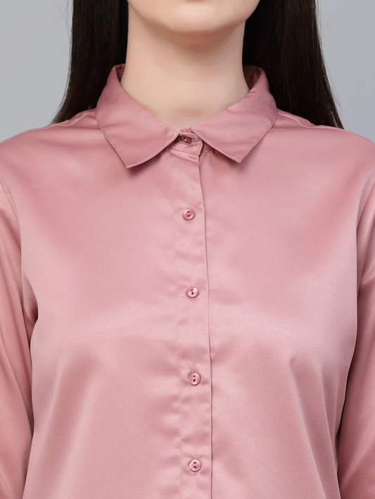 Women Solid Rose Satin Formal Shirt