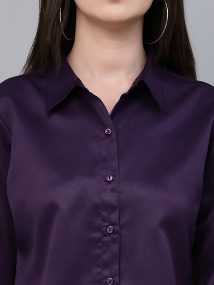Women Solid Wine Satin Formal Shirt