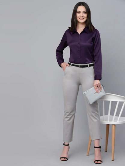 Women Solid Wine Satin Formal Shirt