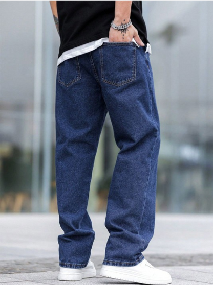 Men’s Dark Blue Baggy Fit Jeans – Relaxed Urban Streetwear Denim