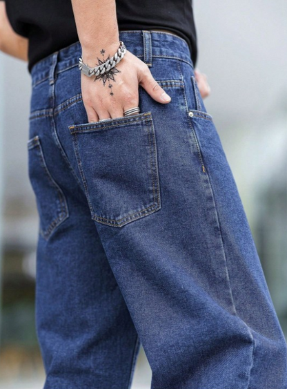Men’s Dark Blue Baggy Fit Jeans – Relaxed Urban Streetwear Denim