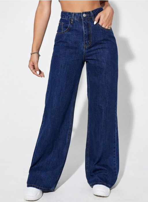 Women’s Dark Blue High-Waisted Wide-Leg Jeans – Classic Flared Denim Pants
