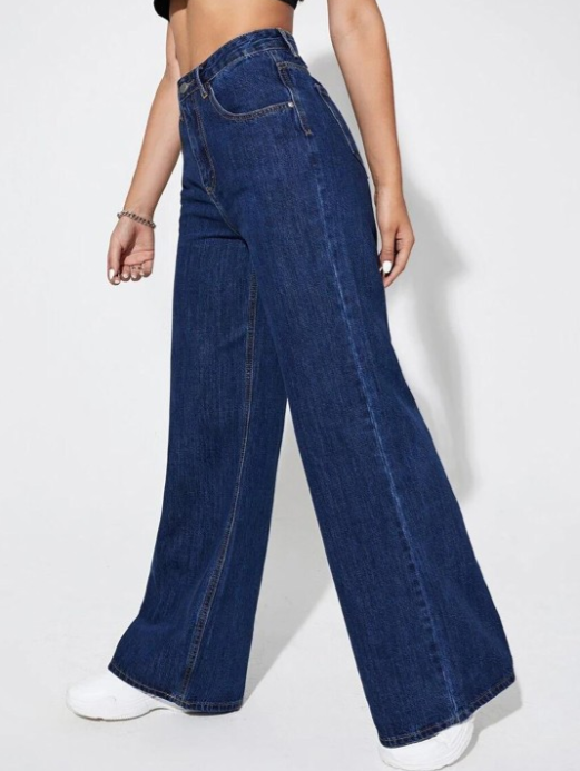 Women’s Dark Blue High-Waisted Wide-Leg Jeans – Classic Flared Denim Pants