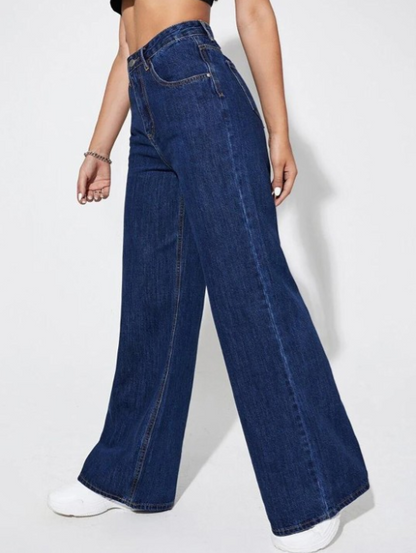 Women’s Dark Blue High-Waisted Wide-Leg Jeans – Classic Flared Denim Pants