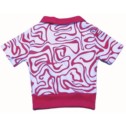Pink & White Trendy Abstract Print Crop Polo Top for Women – Stylish Summer Half Sleeve T-Shirt