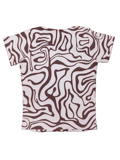 Brown Abstract Print Square Neck Ribbed Stretchable Top for Women