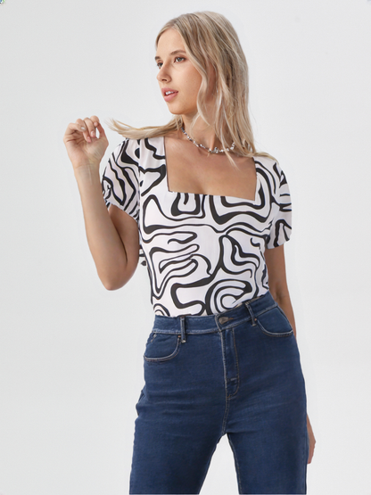 Black & White Abstract Print Square Neck Top for Women's – Stretchable Fitted Tee