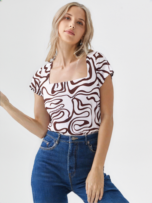 Brown Abstract Print Square Neck Ribbed Stretchable Top for Women