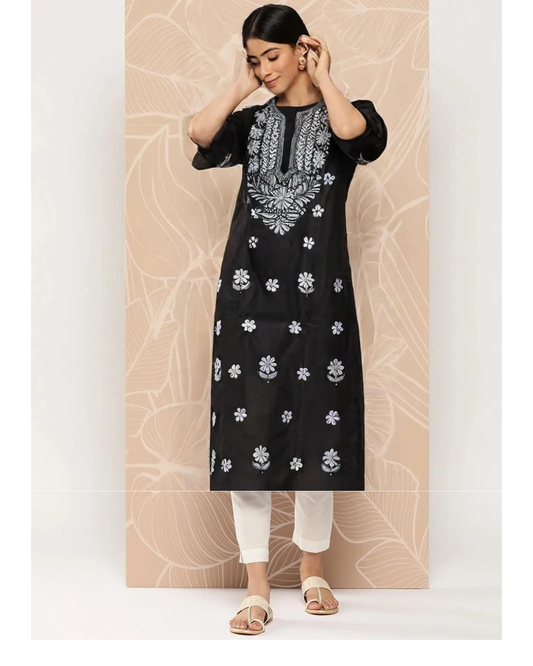 Black Cotton Chikankari Embroidered Kurti for Women – Elegant Floral Design | Daily & Festive Wear