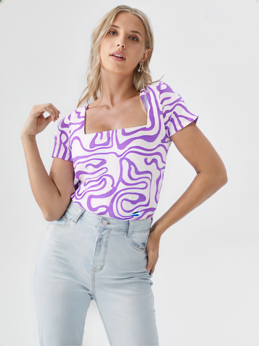 Lavender Abstract Print Square Neck Top for Women’s – Stylish Short Sleeve Summer Blouse