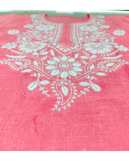 Pink Embroidered Cotton Kurti for women – Chikankari-Style Floral Design, 3/4 Sleeves Straight Fit