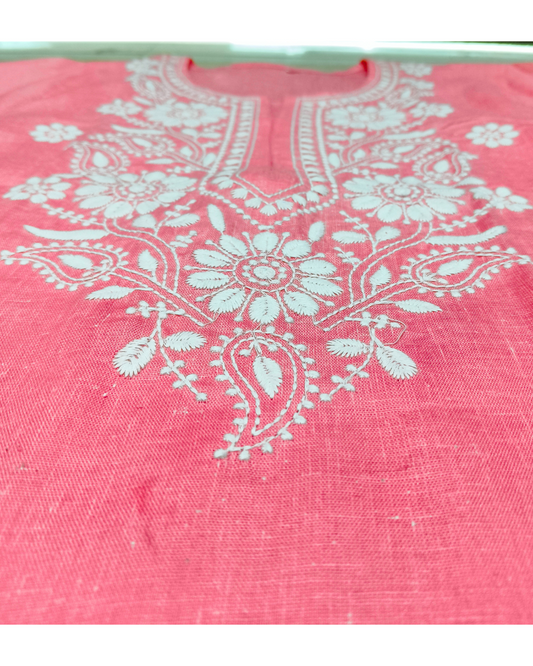 Pink Embroidered Cotton Kurti for women – Chikankari-Style Floral Design, 3/4 Sleeves Straight Fit