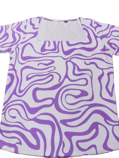 Lavender Abstract Print Square Neck Top for Women’s – Stylish Short Sleeve Summer Blouse