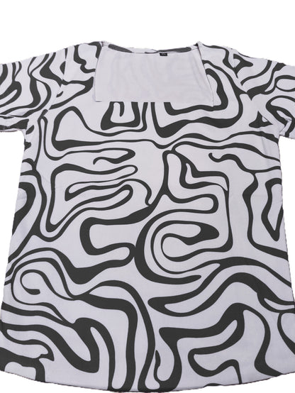 Black & White Abstract Print Square Neck Top for Women's – Stretchable Fitted Tee