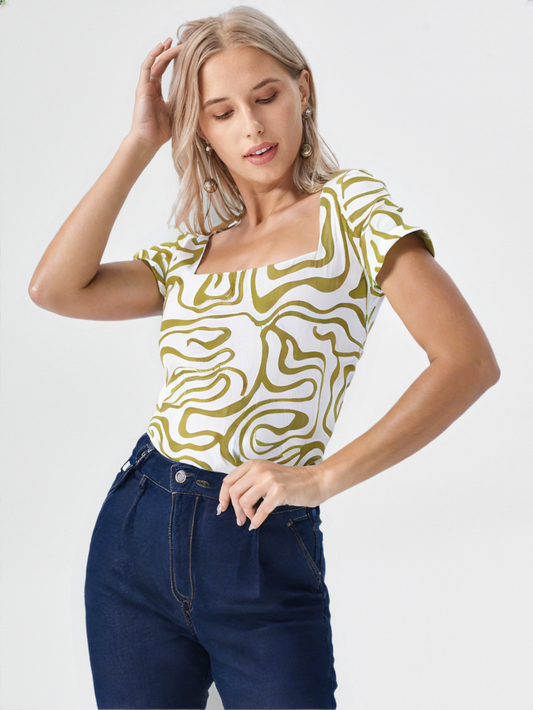 Olive Green Abstract Print Square Neck Top for Women's – Casual & Stylish