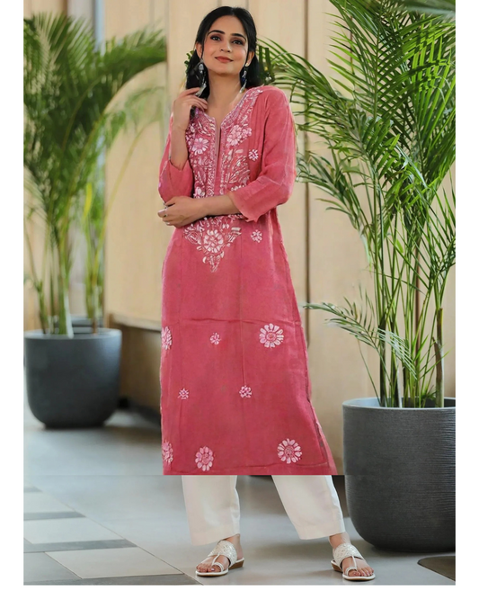 Pink Cotton Chikankari Style Embroidered Kurti for Women | Floral Design | Daily & Ethnic Wear