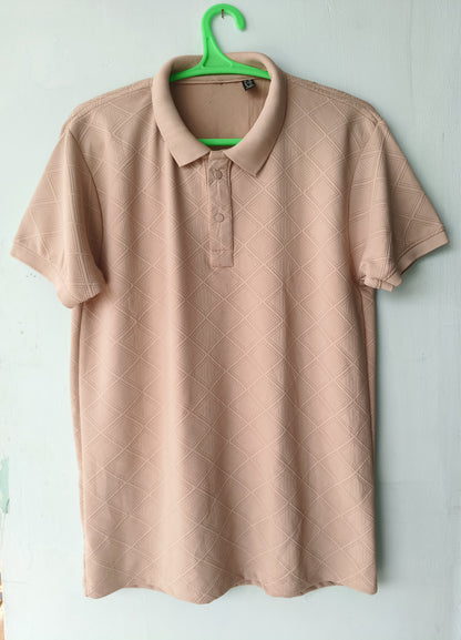 Beige Textured Polo TShirt for Men – Classic Diamond Pattern