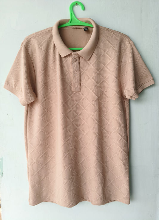 Beige Textured Polo TShirt for Men – Classic Diamond Pattern