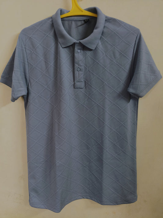 Men's Sky Blue Textured Polo TShirt – Premium Diamond Pattern Casual Wear