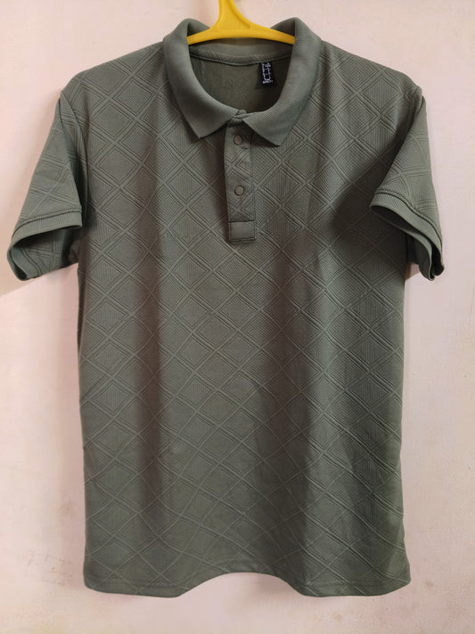Men's Olive Green Textured Polo TShirt – Premium Diamond Pattern Casual Wear