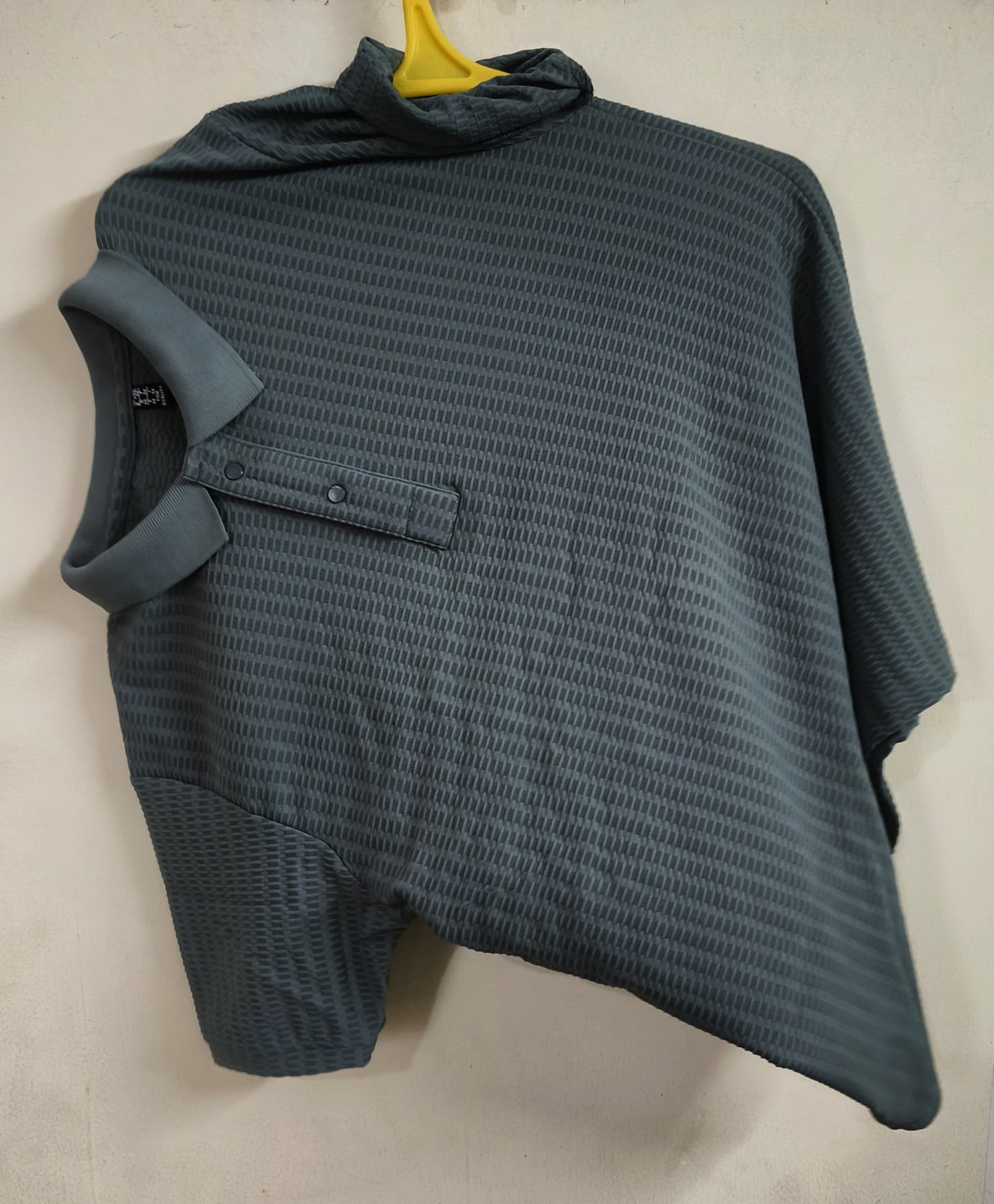 Unisex Asymmetrical High-Neck Tshirt Top in Slate Green – Modern Textured Streetwear