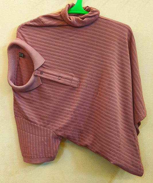 Unisex Asymmetrical High-Neck Tshirt Top in Rose Pink – Contemporary Textured Casualwear
