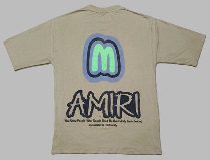 Men’s Beige Graphic T-Shirt with Neon Green “M” Logo – Urban Casual Streetwear