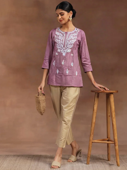 Mauve Cotton Short Chikan Kurti with White Floral Embroidery – Casual Ethnic Wear for Women