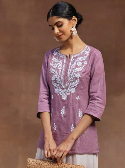 Mauve Cotton Short Chikan Kurti with White Floral Embroidery – Casual Ethnic Wear for Women