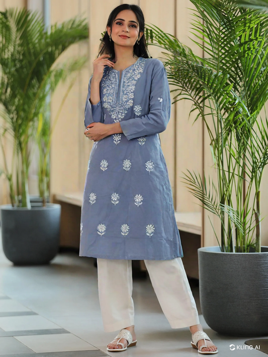 Elegant Grey Cotton Chikankari Embroidered Straight Kurti for Women – Ethnic Wear