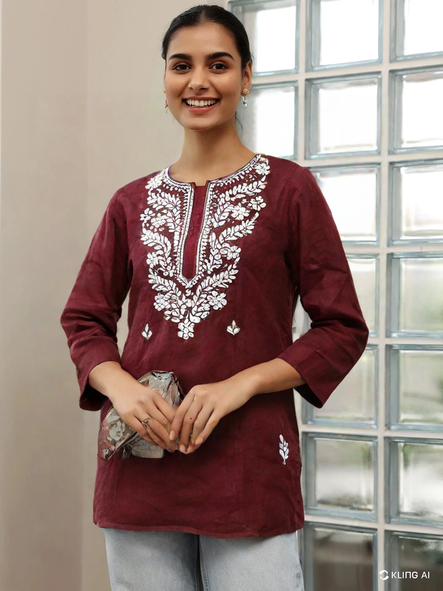 Maroon Cotton Short Chikan Kurti with White Floral Embroidery – Elegant Ethnic Wear for Women