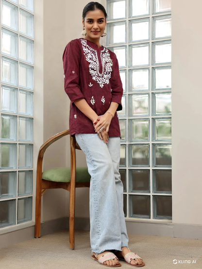 Maroon Cotton Short Chikan Kurti with White Floral Embroidery – Elegant Ethnic Wear for Women