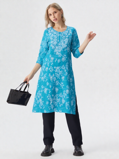 Turquoise Blue Floral Printed Cotton Kurta for Women – 3/4 Sleeve, Round Neck