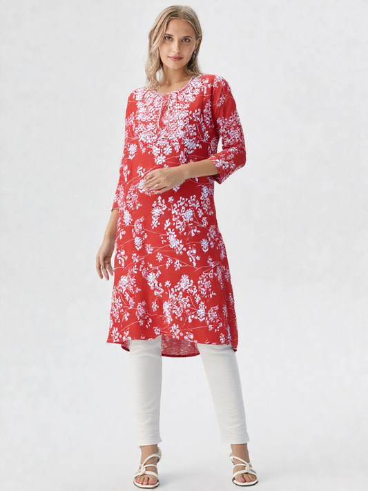Women's Red Floral Printed Cotton Kurti – Elegant Everyday Wear