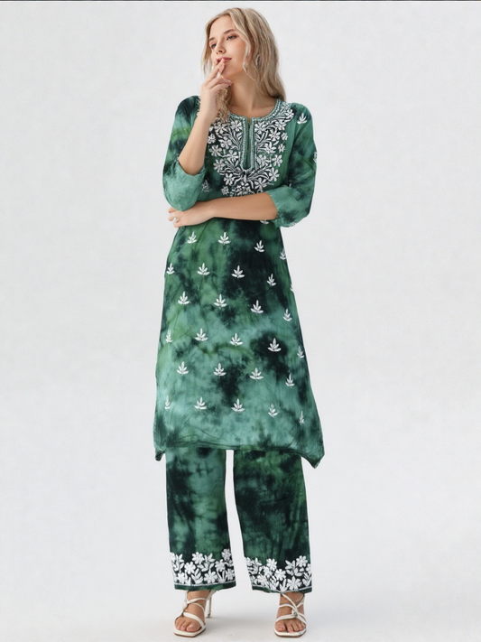 Elegant Green Tie-Dye Cotton Kurta Set with White Embroidery – Ethnic Wear for Women