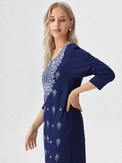 Navy Blue Cotton Chikankari Embroidered Straight Kurta for Women – Ethnic & Casual Wear