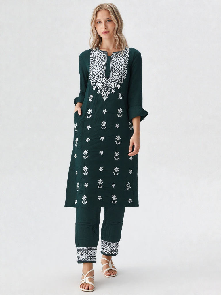 Elegant Dark Green Embroidered Cotton Kurta Set with Pants – Ethnic Wear for Women