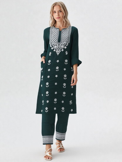 Elegant Dark Green Embroidered Cotton Kurta Set with Pants – Ethnic Wear for Women