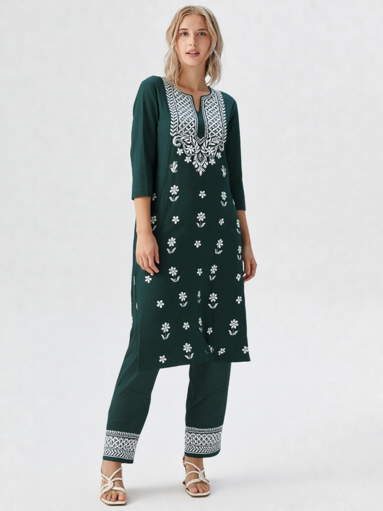 Elegant Dark Green Embroidered Cotton Kurta Set with Pants – Ethnic Wear for Women