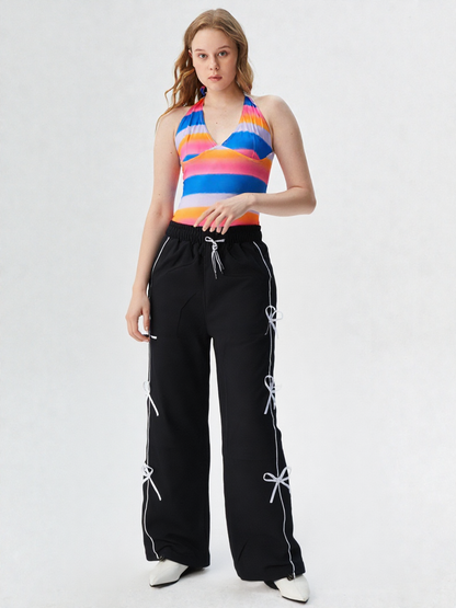 Stylish Black Bow String Track Pants – Relaxed Fit | Streetwear Casual for Women's
