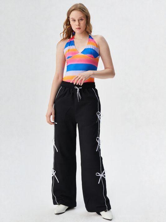 Stylish Black Bow String Track Pants – Relaxed Fit | Streetwear Casual for Women's