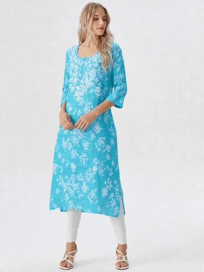 Turquoise Blue Floral Printed Cotton Kurta for Women – 3/4 Sleeve, Round Neck
