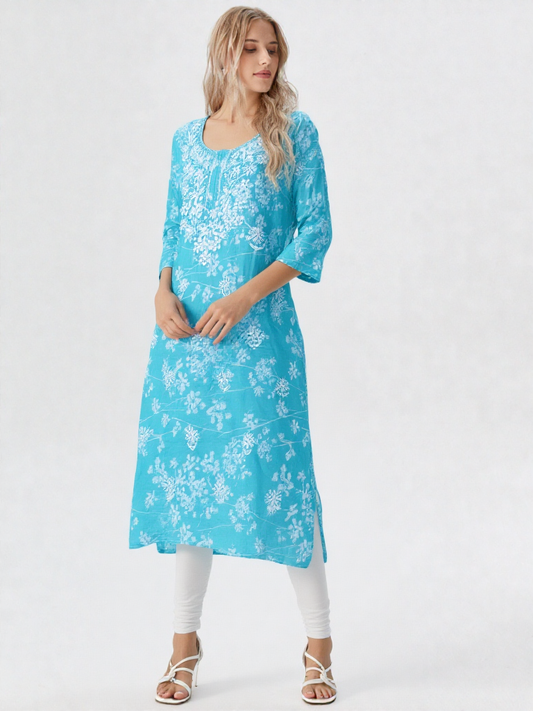 Turquoise Blue Floral Printed Cotton Kurta for Women – 3/4 Sleeve, Round Neck