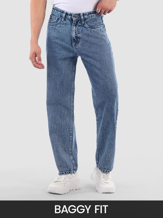 Men’s Ice Blue Cloud Wash Baggy Fit Jeans | Mid Rise Relaxed Denim | Trendy Streetwear Style