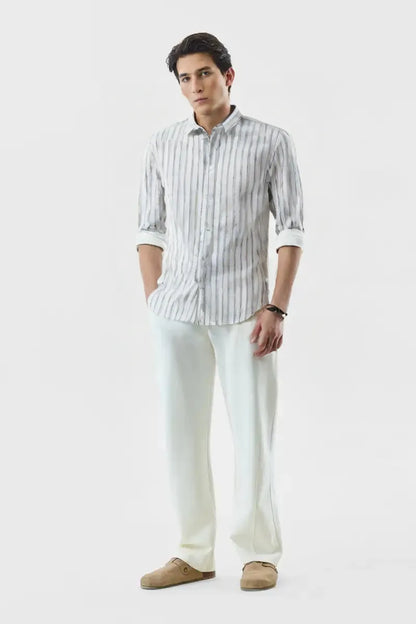 Premium White & Light Grey Vertical Striped Cotton Paper Shirt for Men – Casual & Formal Wear