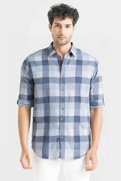 Men's Blue & White Checkered Cotton Casual Shirt | Full Sleeve | Slim Fit